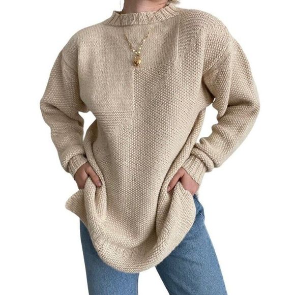 Unbranded Sweaters - Vintage Womens Hand Knit Tan Beige Alpaca Oversized Soft Sweater Sz XL